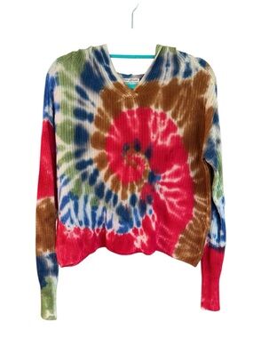 Made With Love Tie-Dye V-Neck Hooded Pullover Sweater in Multicolor Knit